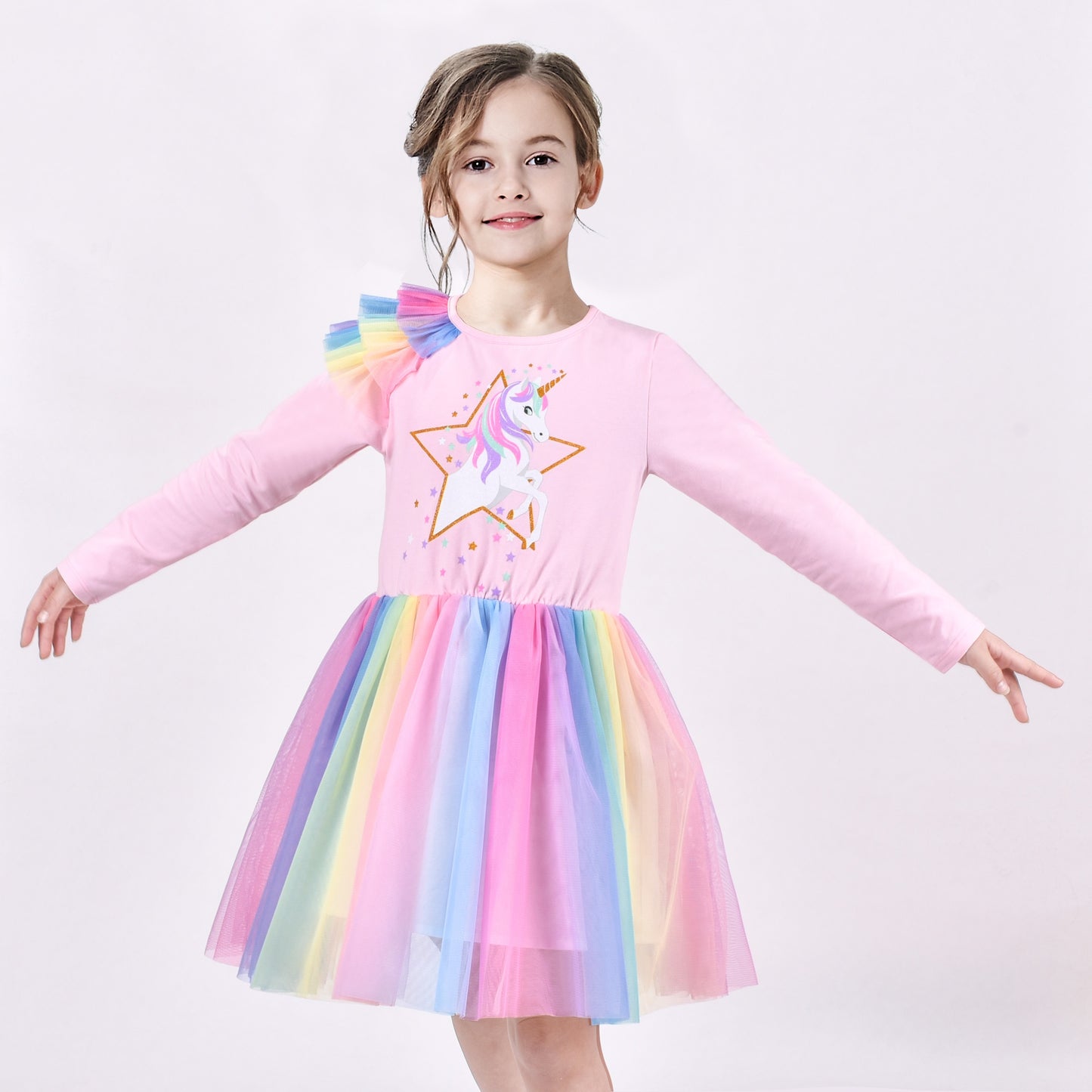 Girls Dress Long Sleeve Tutu Skirt Bow Tie Party Pink