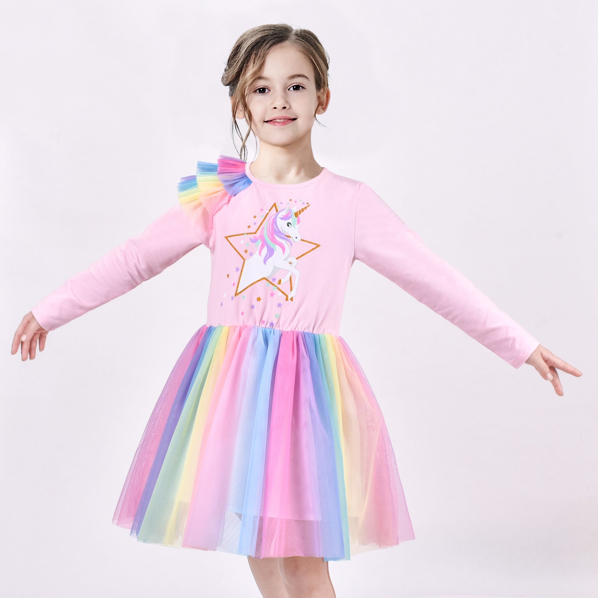 Girls Dress Long Sleeve Tutu Skirt Bow Tie Party Pink