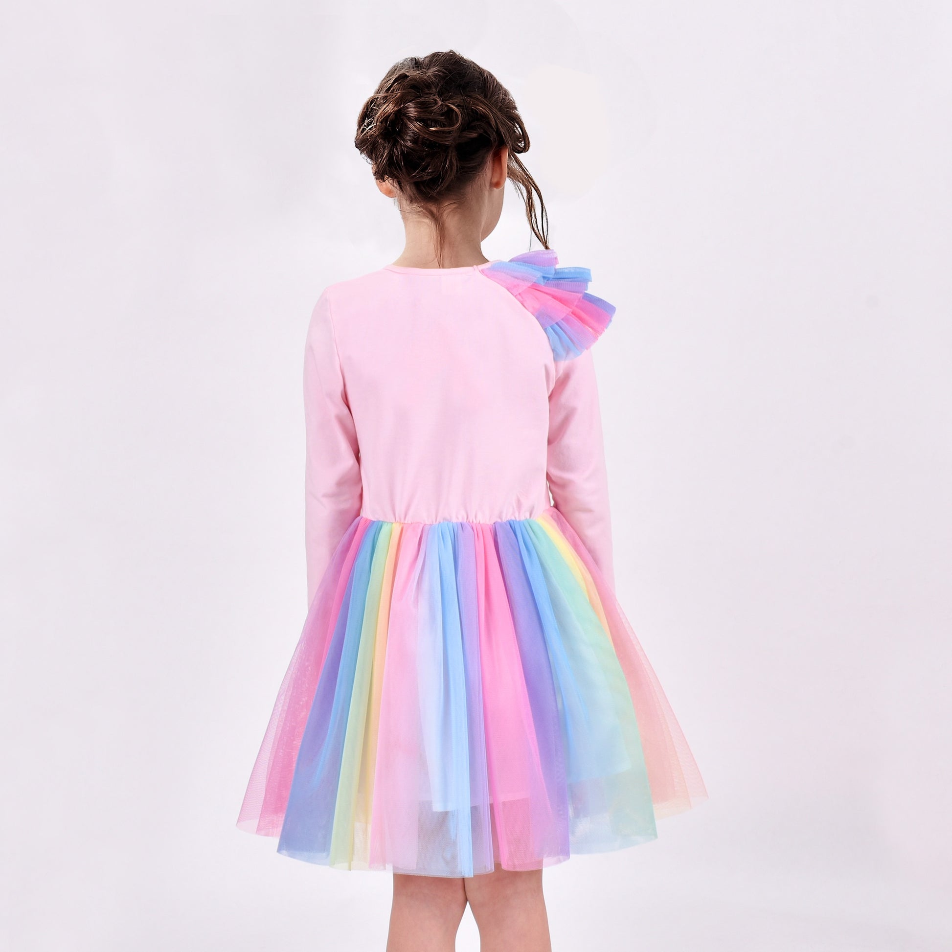 Girls Dress Long Sleeve Tutu Skirt Bow Tie Party Pink