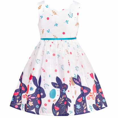 Girls Dress Embroidered Sash Blooming Flower Painting Style Blue - Purple Bunny
