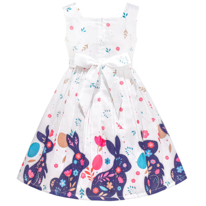 Girls Dress Embroidered Sash Blooming Flower Painting Style Blue - Purple Bunny