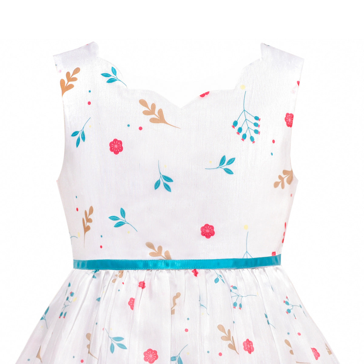 Girls Dress Embroidered Sash Blooming Flower Painting Style Blue - Purple Bunny
