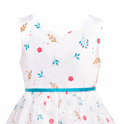 Girls Dress Embroidered Sash Blooming Flower Painting Style Blue - Purple Bunny