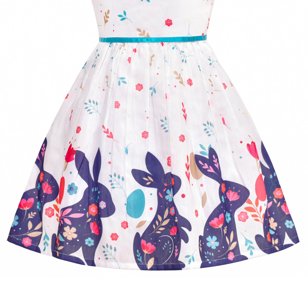 Girls Dress Embroidered Sash Blooming Flower Painting Style Blue - Purple Bunny