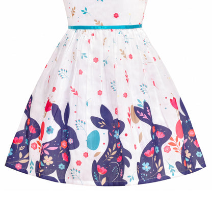 Girls Dress Embroidered Sash Blooming Flower Painting Style Blue - Purple Bunny