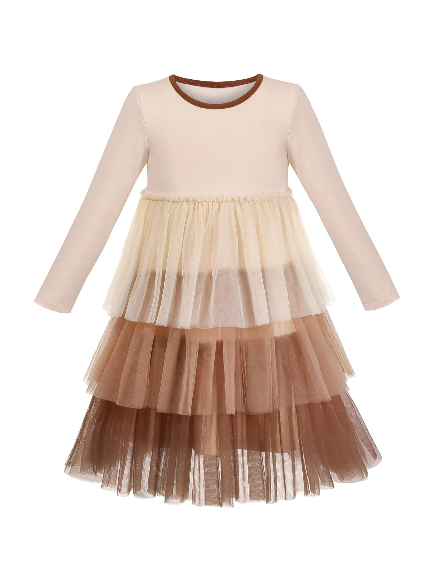 Girls Dress Long Sleeve Tutu Skirt Bow Tie Party Beige