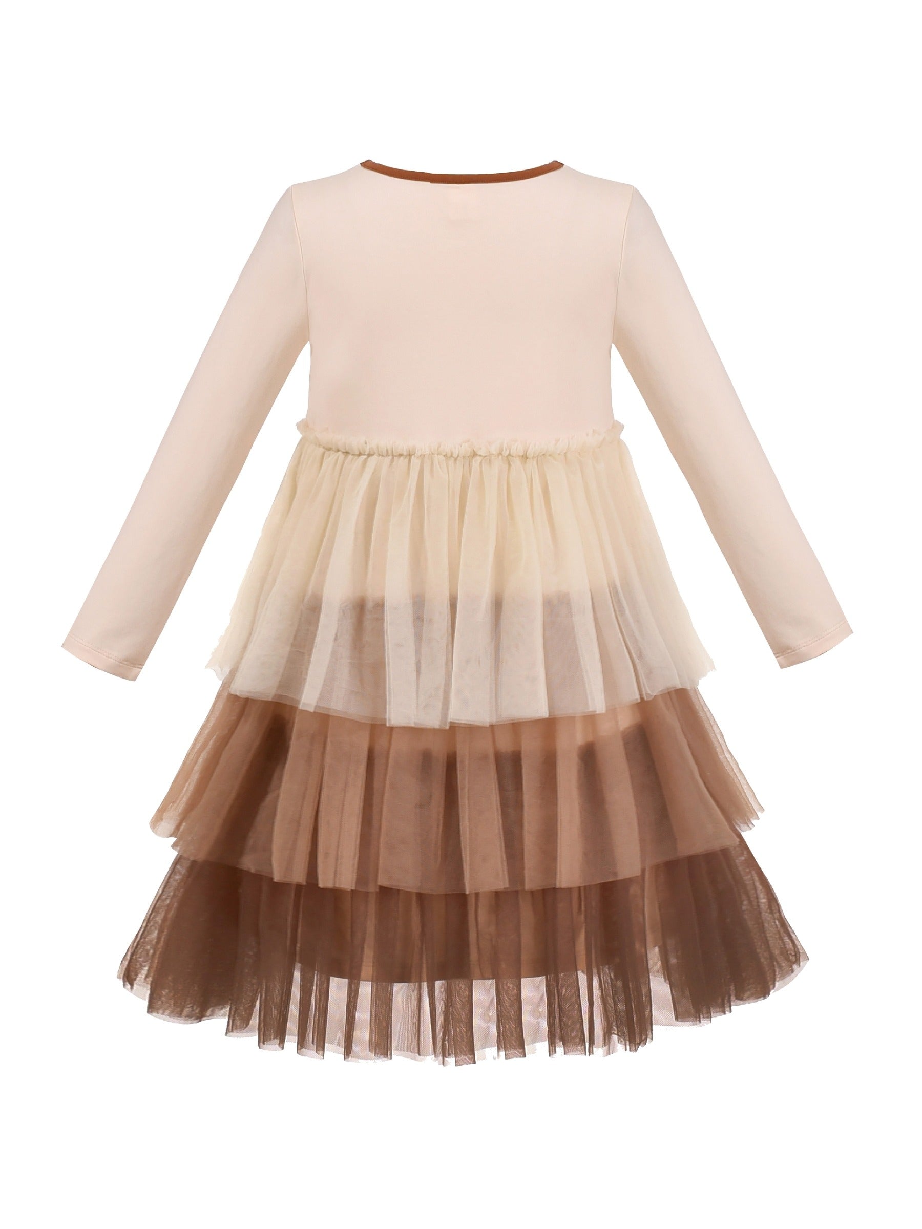 Girls Dress Long Sleeve Tutu Skirt Bow Tie Party Beige