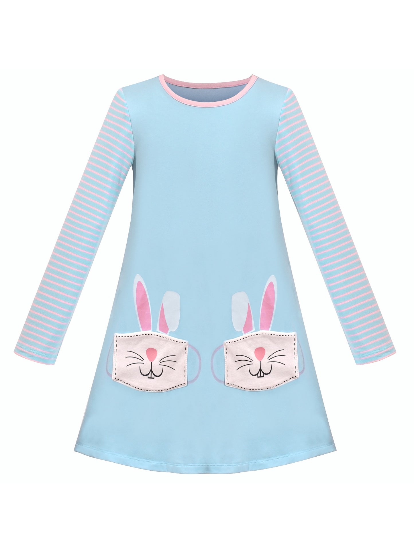 Girls Casual Dress Cotton Long Sleeve Kite Cloud Embroidered Blue