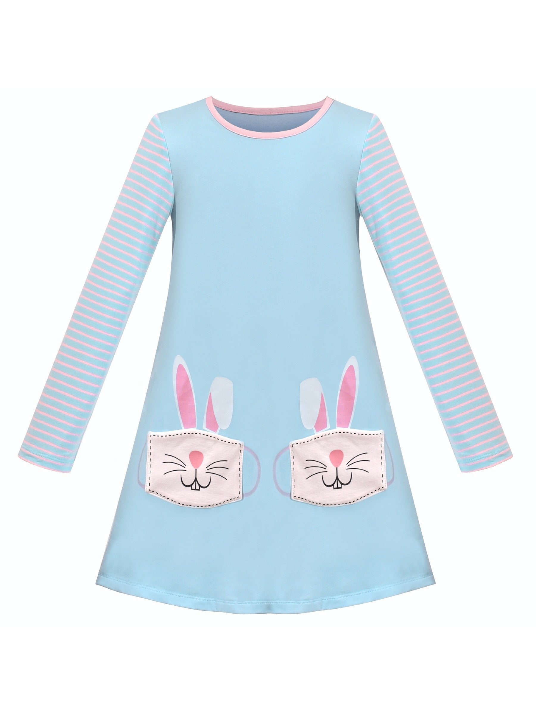 Girls Casual Dress Cotton Long Sleeve Kite Cloud Embroidered Blue