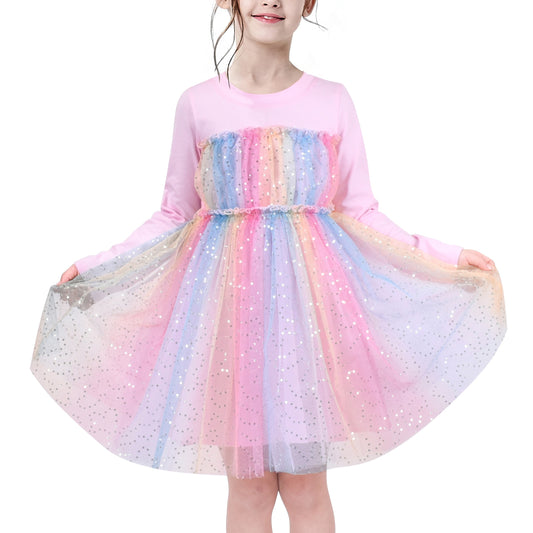 Girls Dress Sequin Stripe Ruffle Fairy Rainbow Colorful Long Sleeve Pink