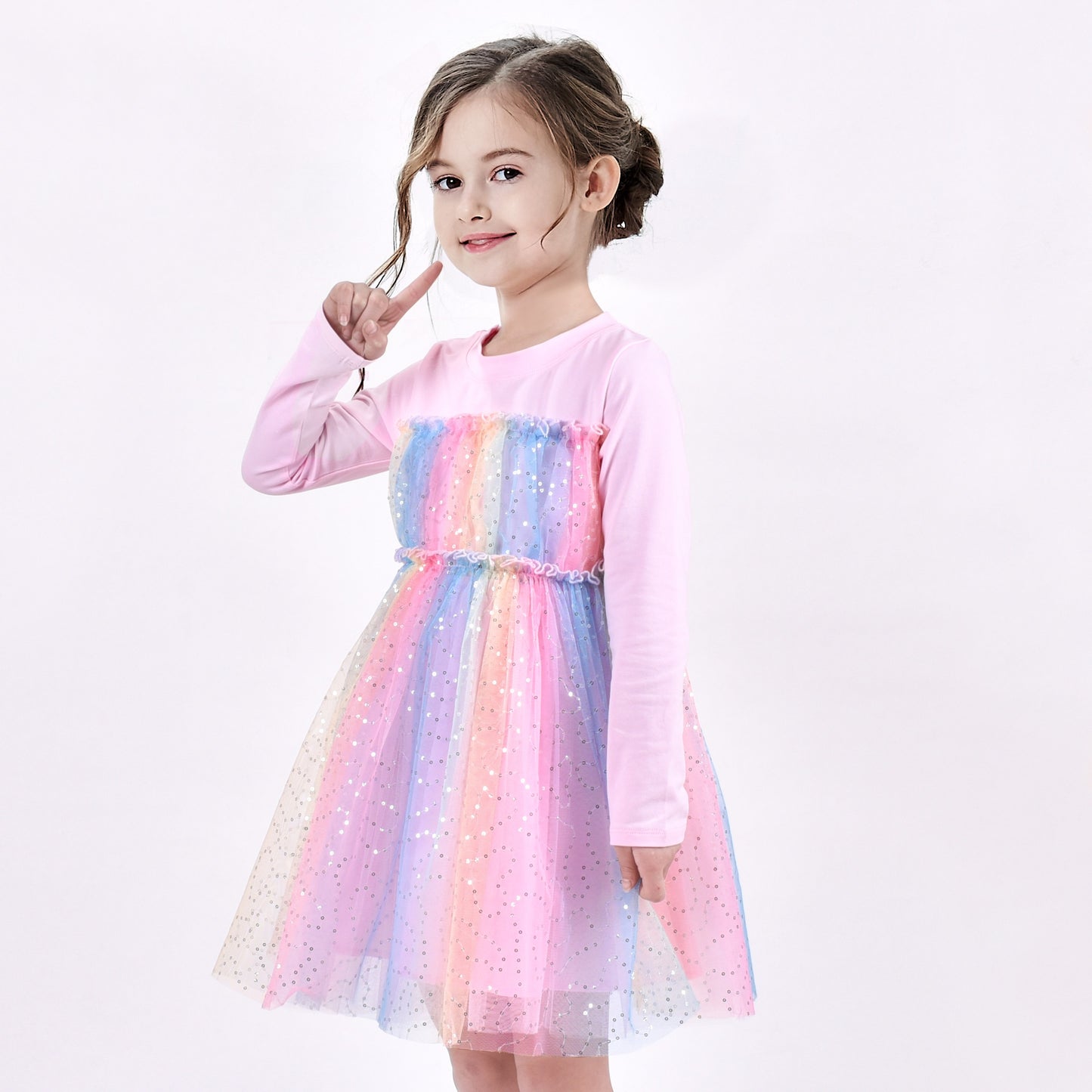 Girls Dress Sequin Stripe Ruffle Fairy Rainbow Colorful Long Sleeve Pink