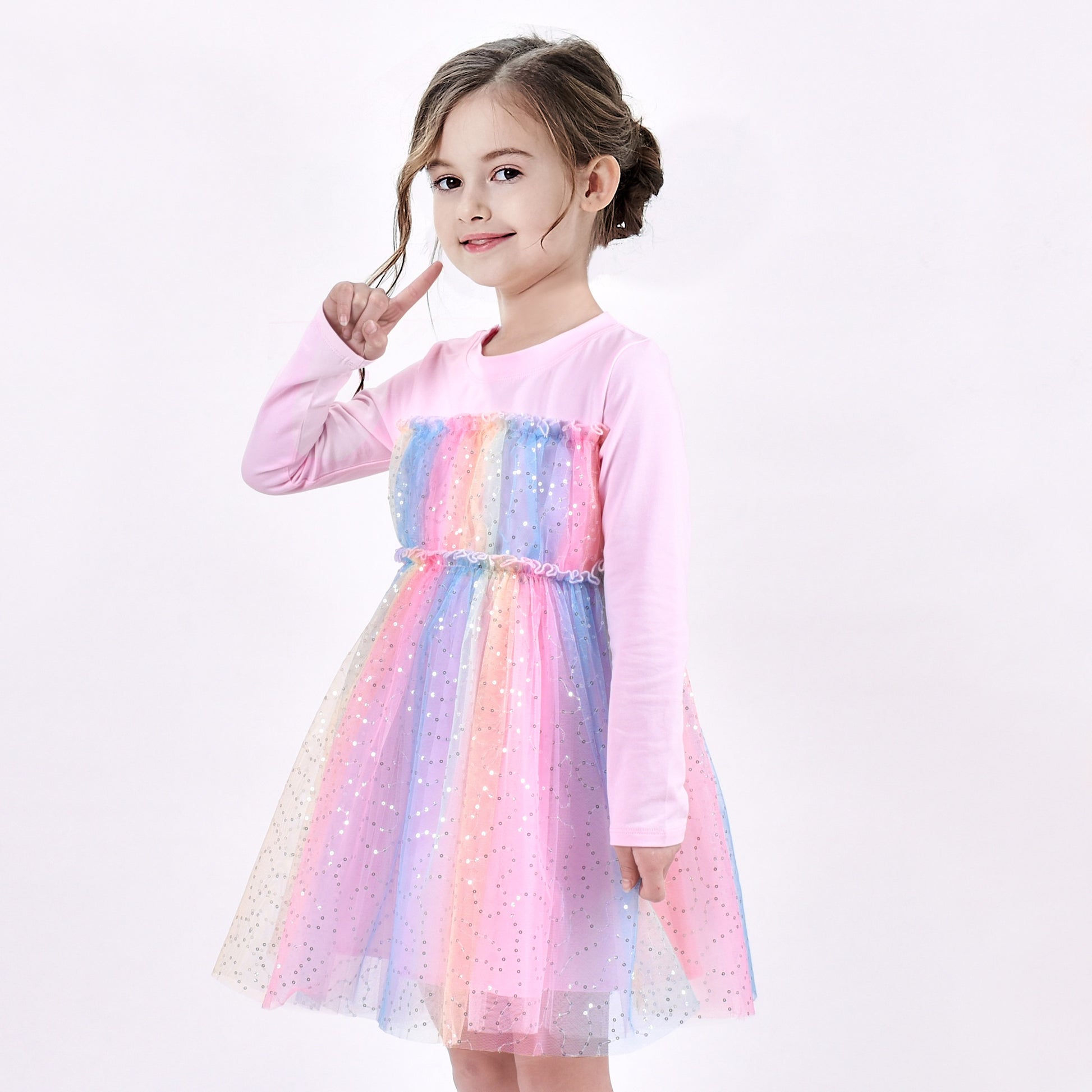 Girls Dress Sequin Stripe Ruffle Fairy Rainbow Colorful Long Sleeve Pink