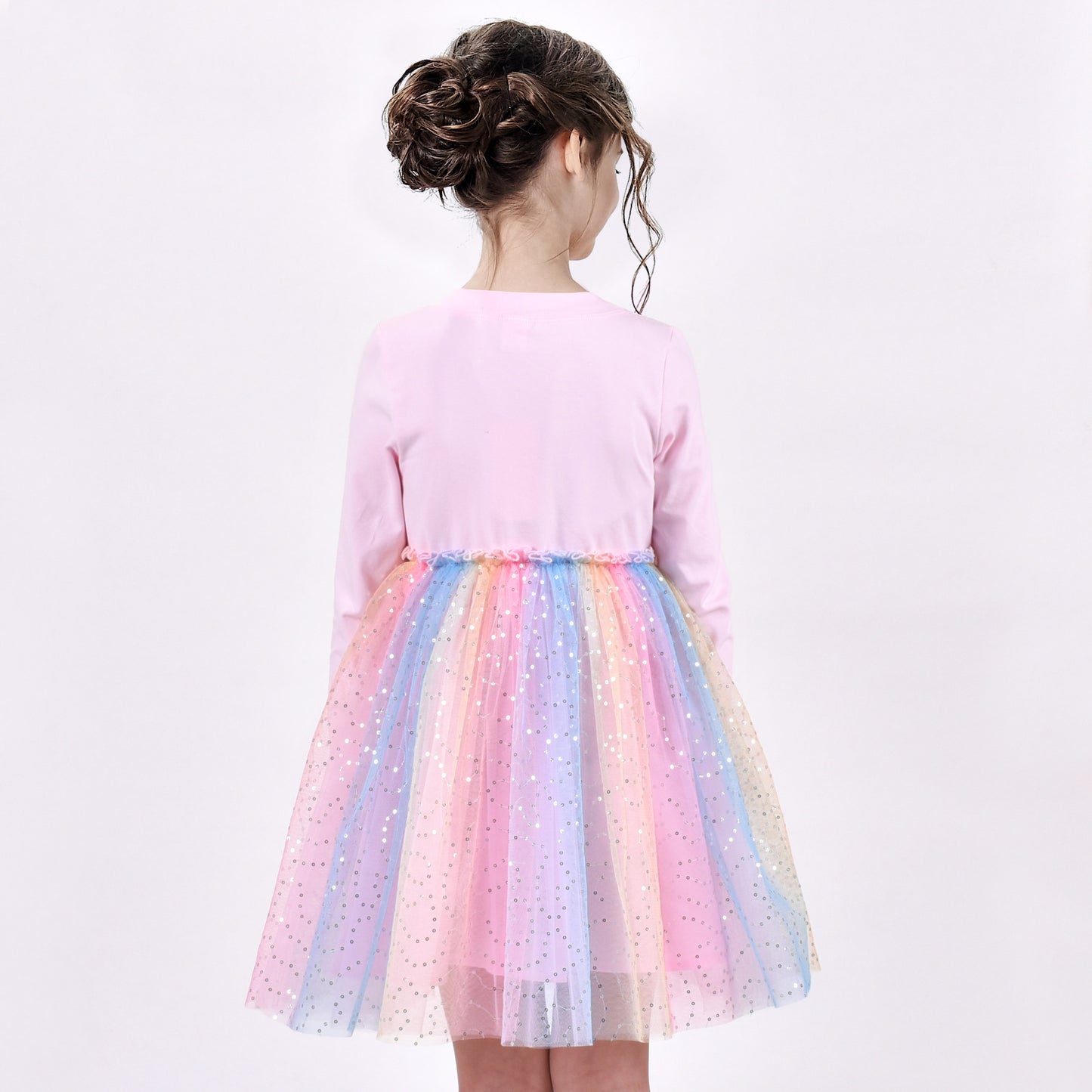 Girls Dress Sequin Stripe Ruffle Fairy Rainbow Colorful Long Sleeve Pink