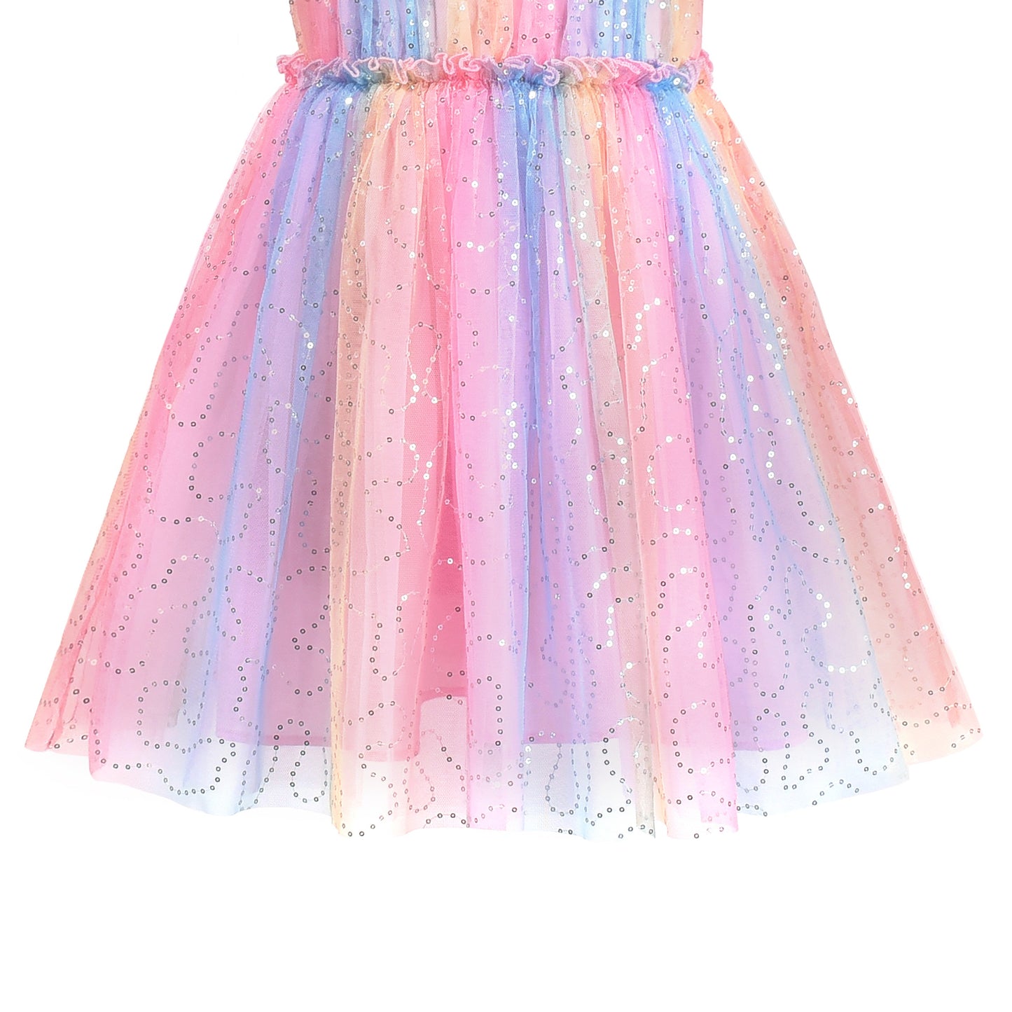Girls Dress Sequin Stripe Ruffle Fairy Rainbow Colorful Long Sleeve Pink
