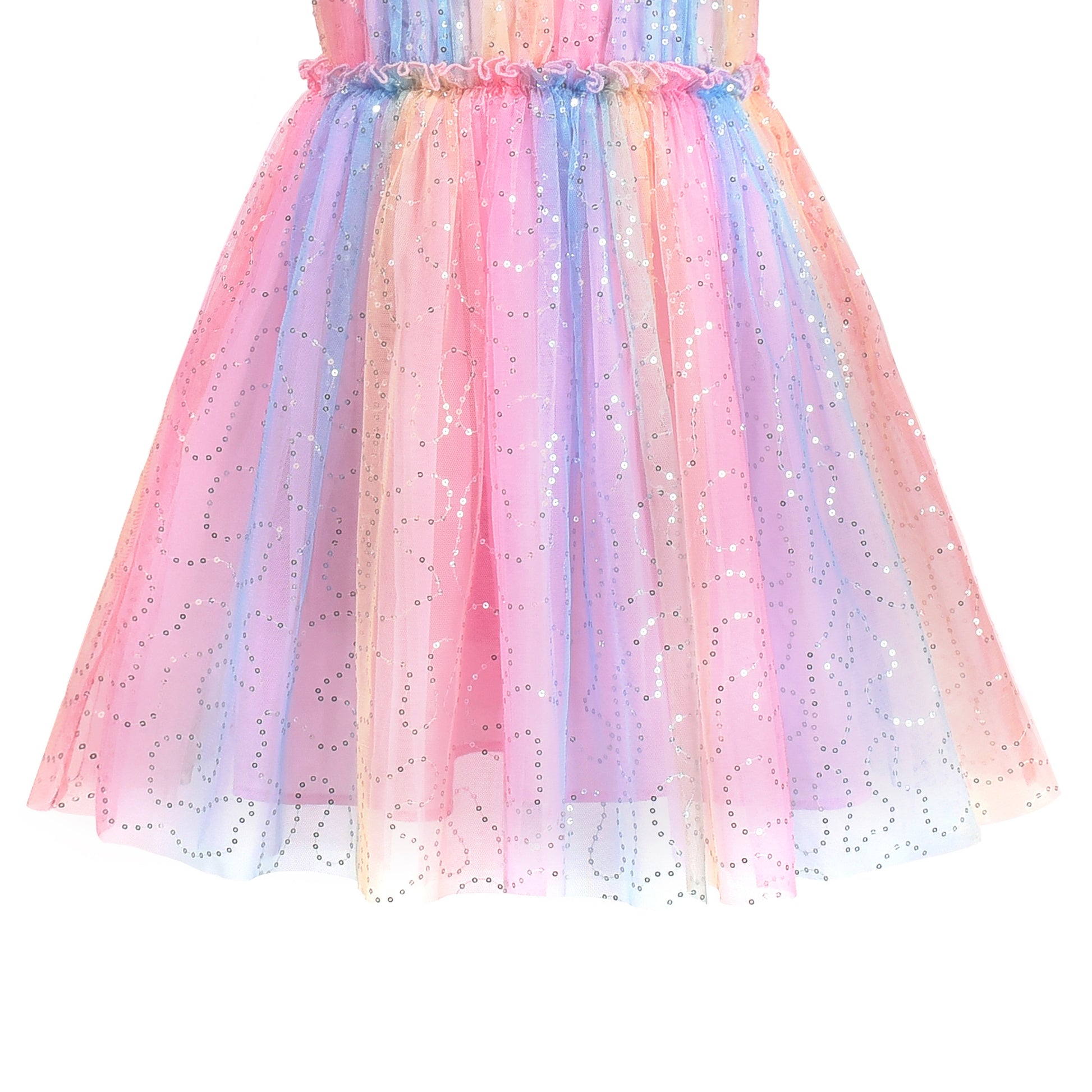 Girls Dress Sequin Stripe Ruffle Fairy Rainbow Colorful Long Sleeve Pink