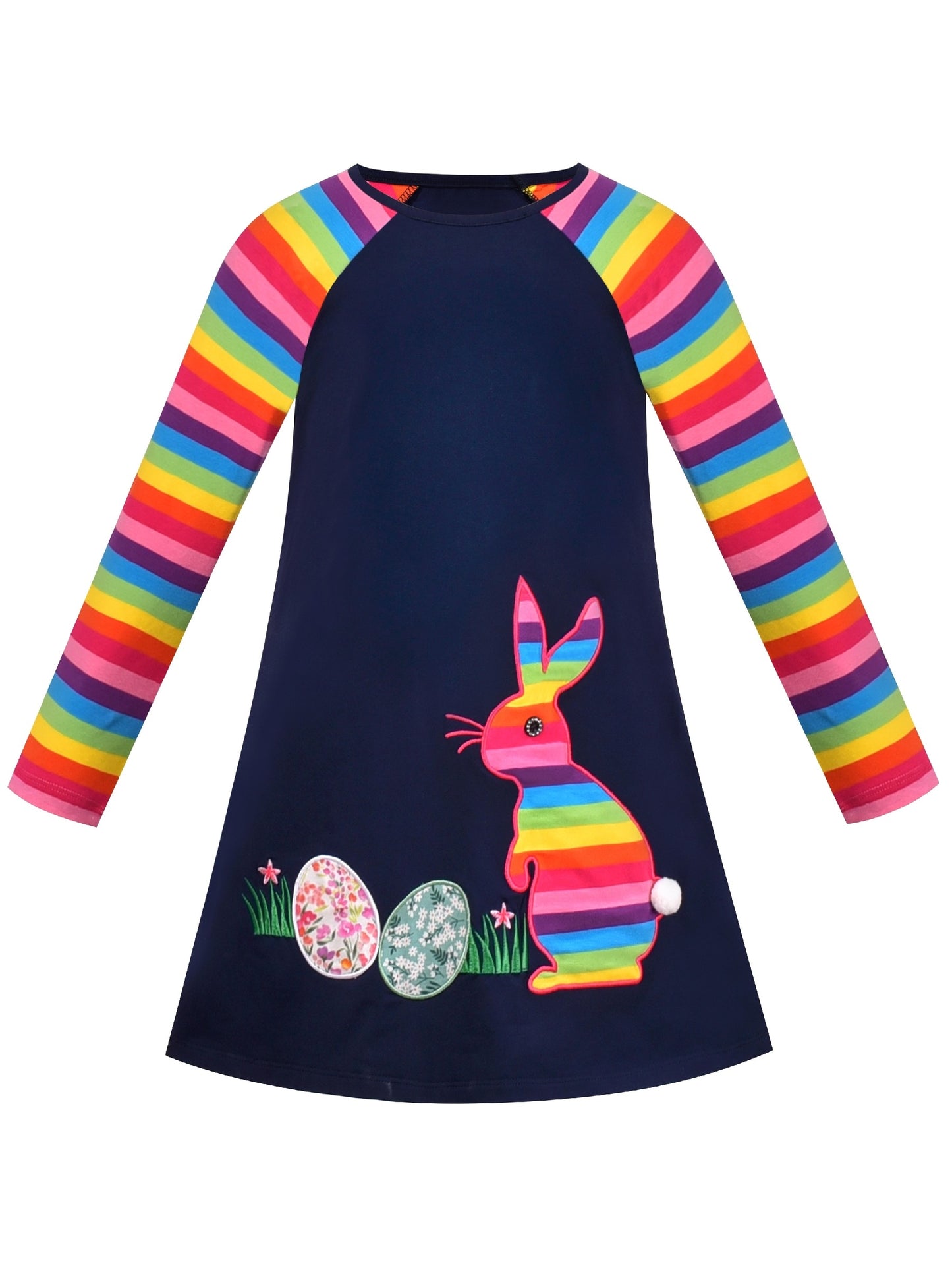 Girls Casual Dress Cotton Long Sleeve Kite Cloud Embroidered Blue