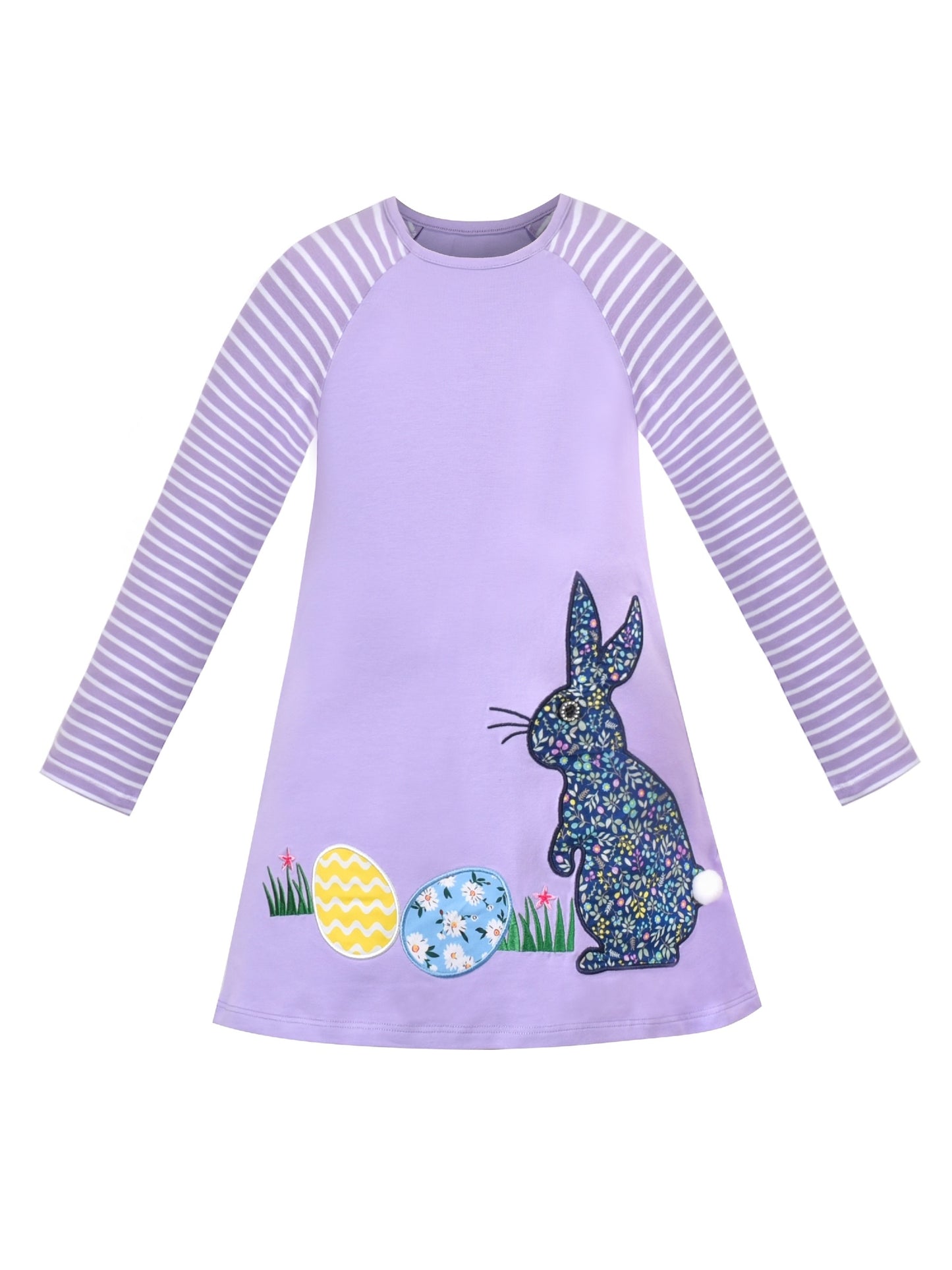 Girls Dress Long Sleeve Cotton Cartoon Sequins Pink Striped Dress Purple