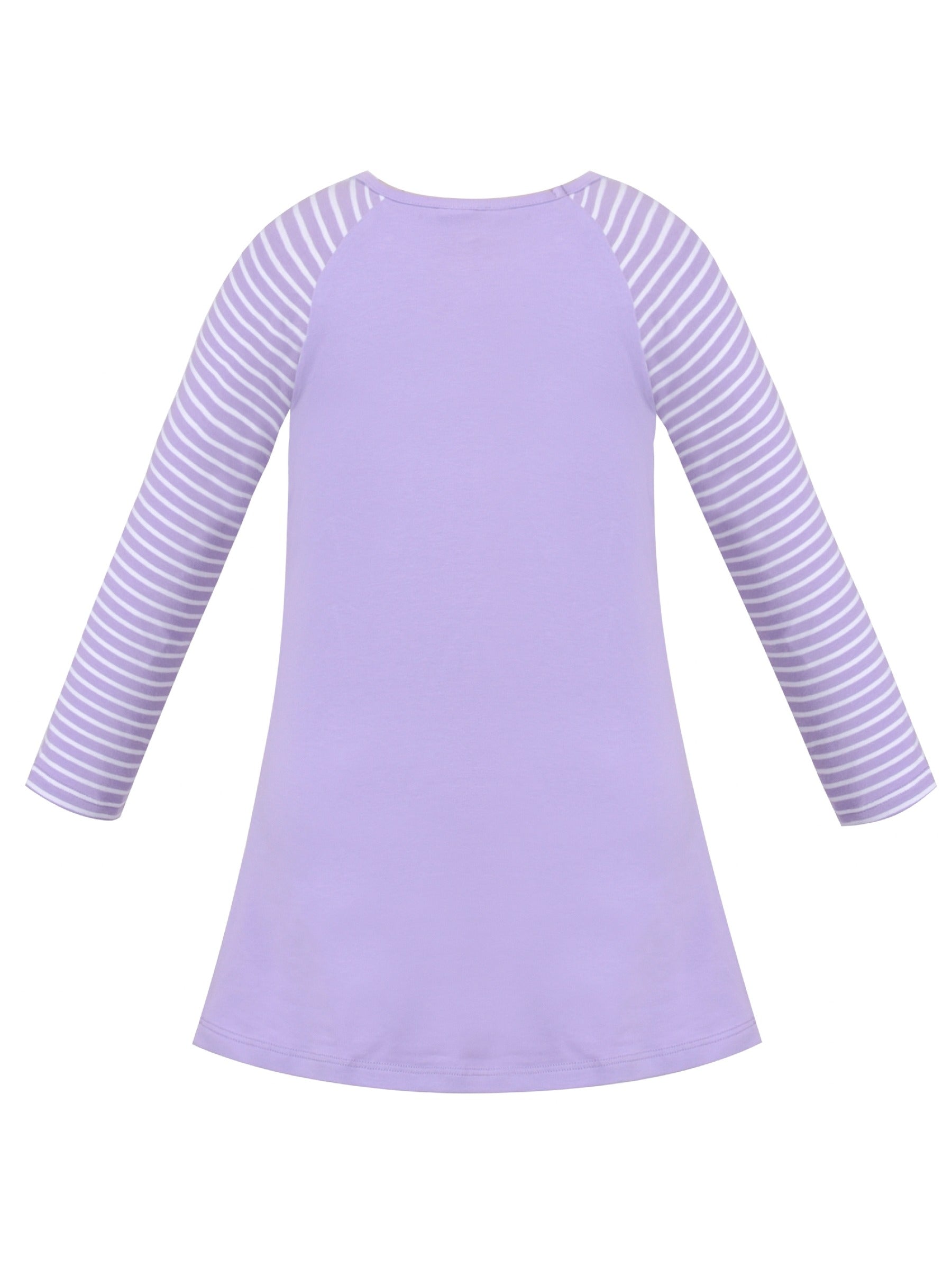 Girls Dress Long Sleeve Cotton Cartoon Sequins Pink Striped Dress Purple
