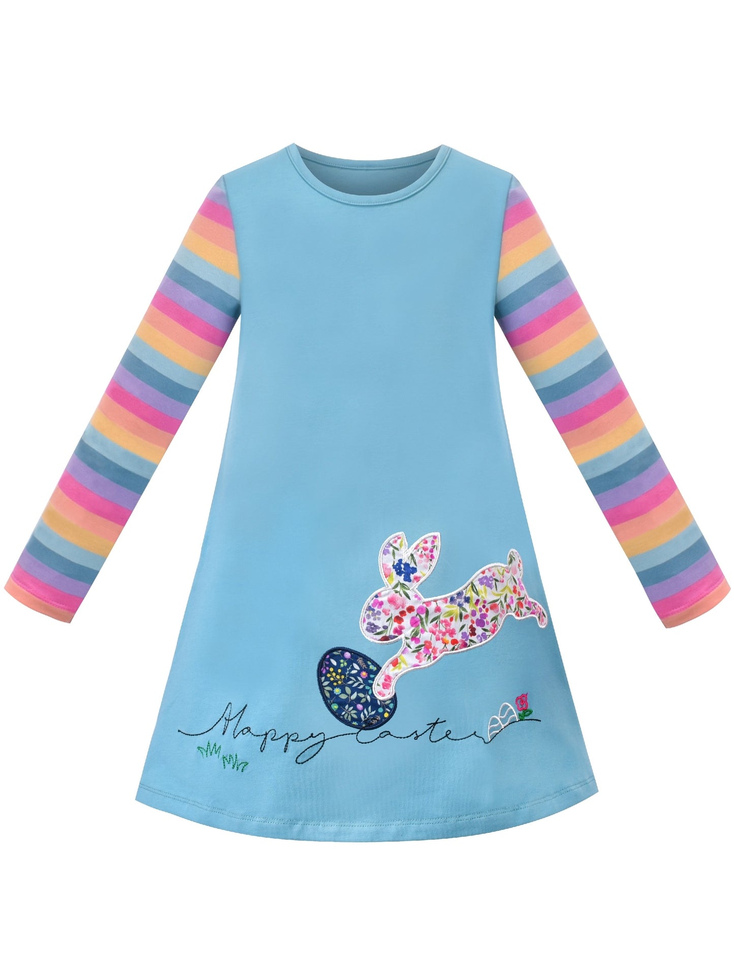 Girls Dress Long Sleeve Cotton Cartoon Sequins Pink Striped Dress Blue