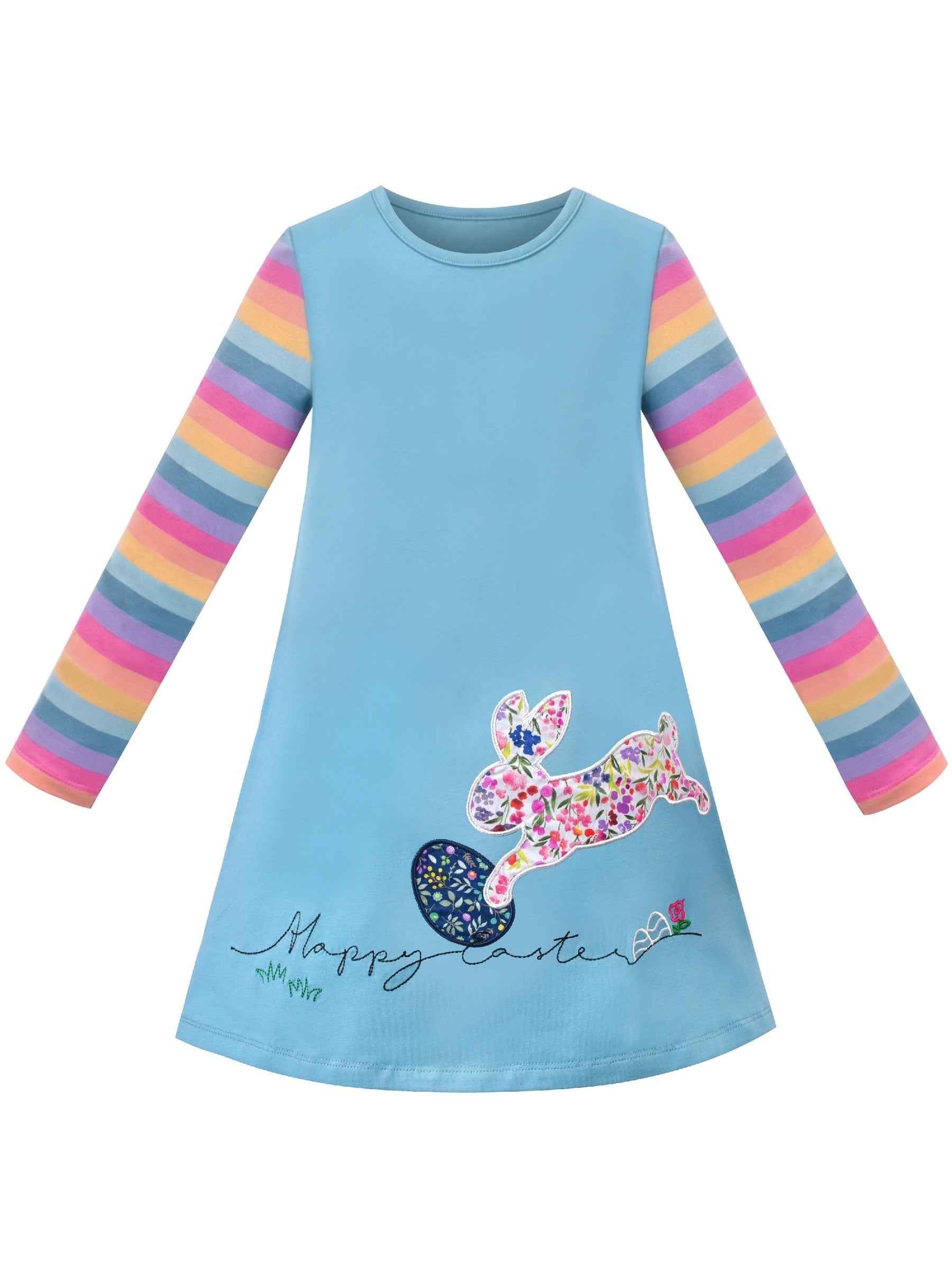 Girls Dress Long Sleeve Cotton Cartoon Sequins Pink Striped Dress Blue