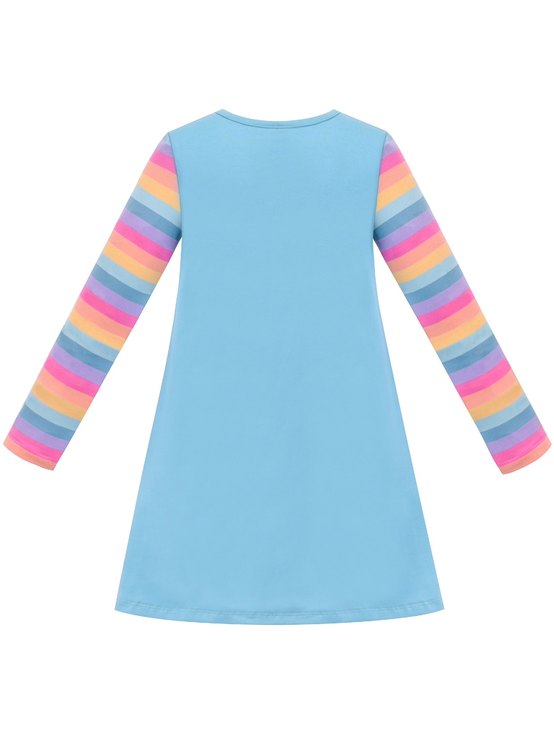 Girls Dress Long Sleeve Cotton Cartoon Sequins Pink Striped Dress Blue