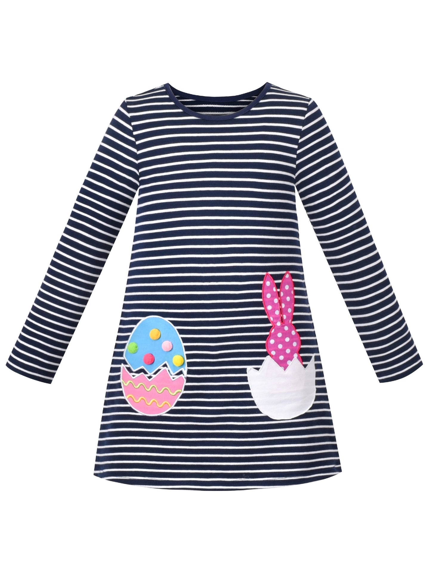 Girls Dress Long Sleeve Cotton Cartoon Sequins Pink Striped Dress Blue