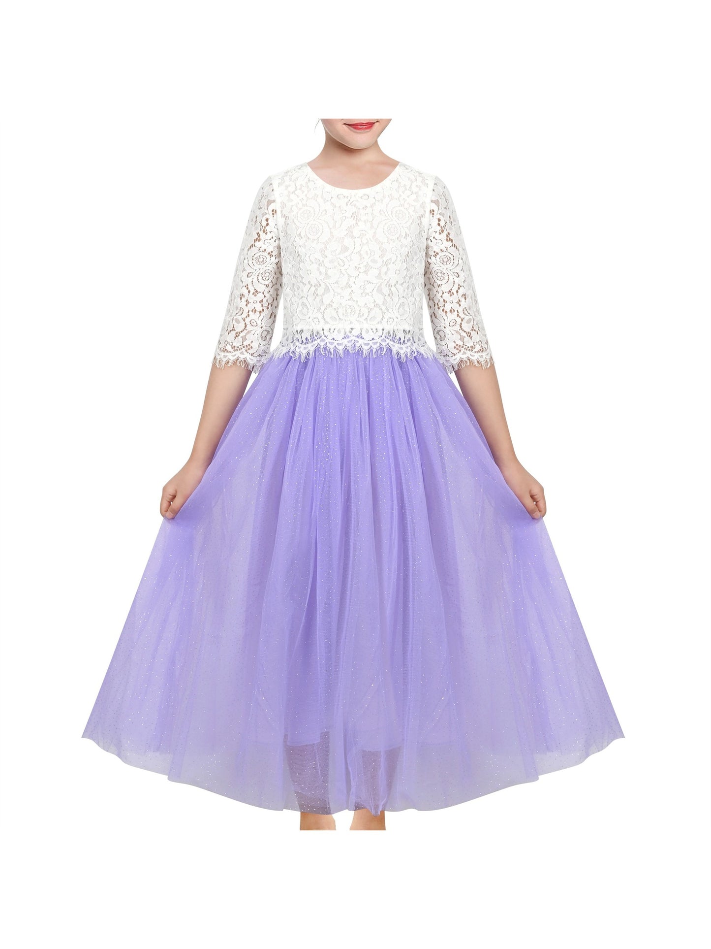 Girls Dress Pleated 2 Piece Set Lace Crop Top Rainbow Unicorn Purple