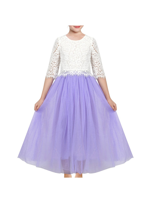 Girls Dress Pleated 2 Piece Set Lace Crop Top Rainbow Unicorn Purple