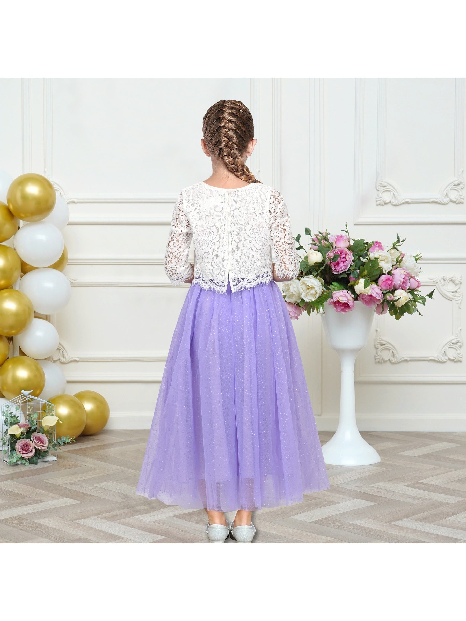 Girls Dress Pleated 2 Piece Set Lace Crop Top Rainbow Unicorn Purple