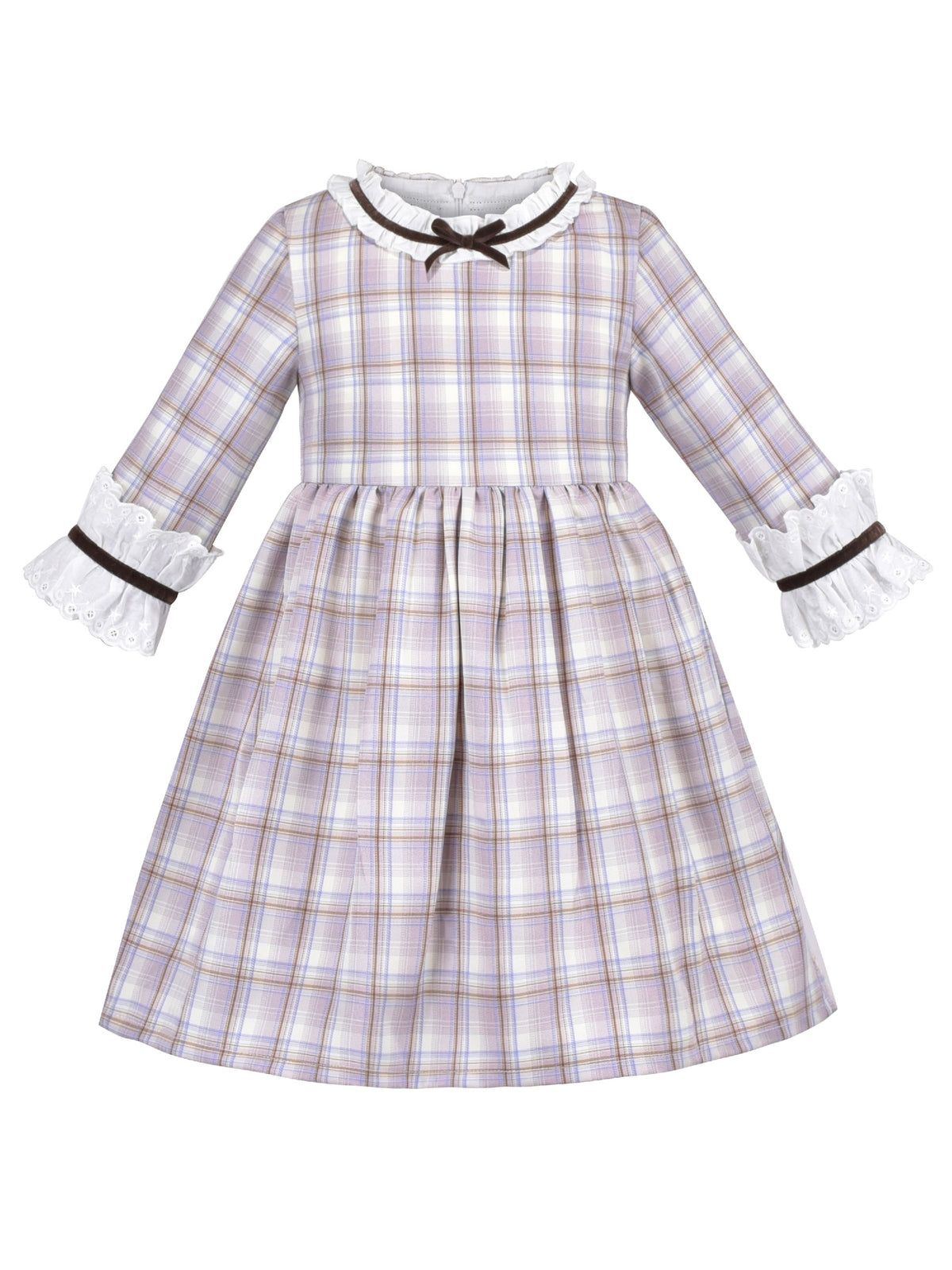 Girls Dress Long Sleeve White Lace Blue A-line School Uniform Brown