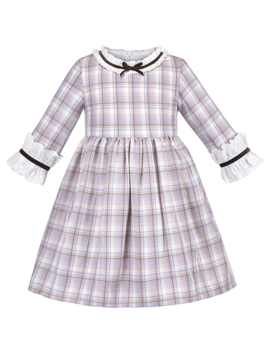 Girls Dress Long Sleeve White Lace Blue A-line School Uniform Brown