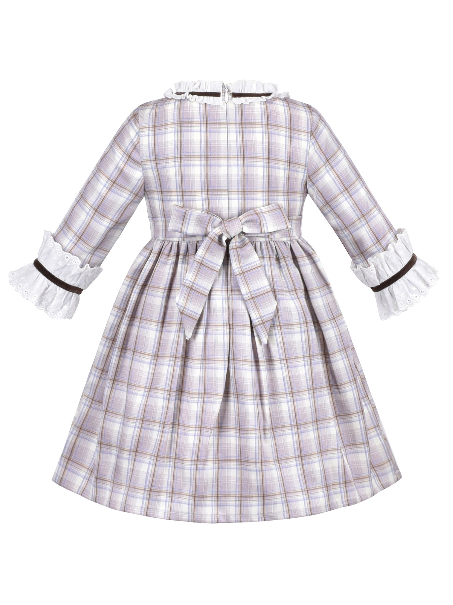 Girls Dress Long Sleeve White Lace Blue A-line School Uniform Brown