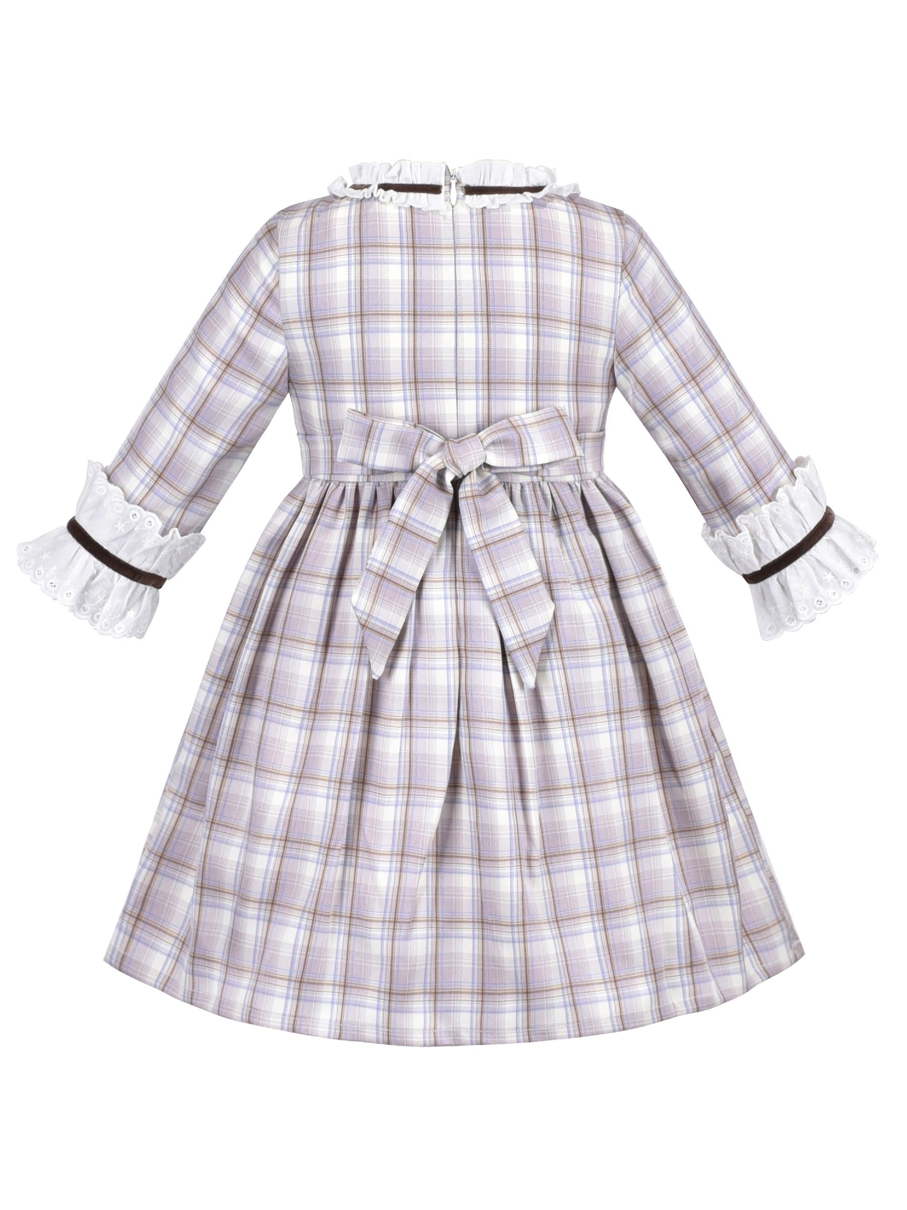Girls Dress Long Sleeve White Lace Blue A-line School Uniform Brown