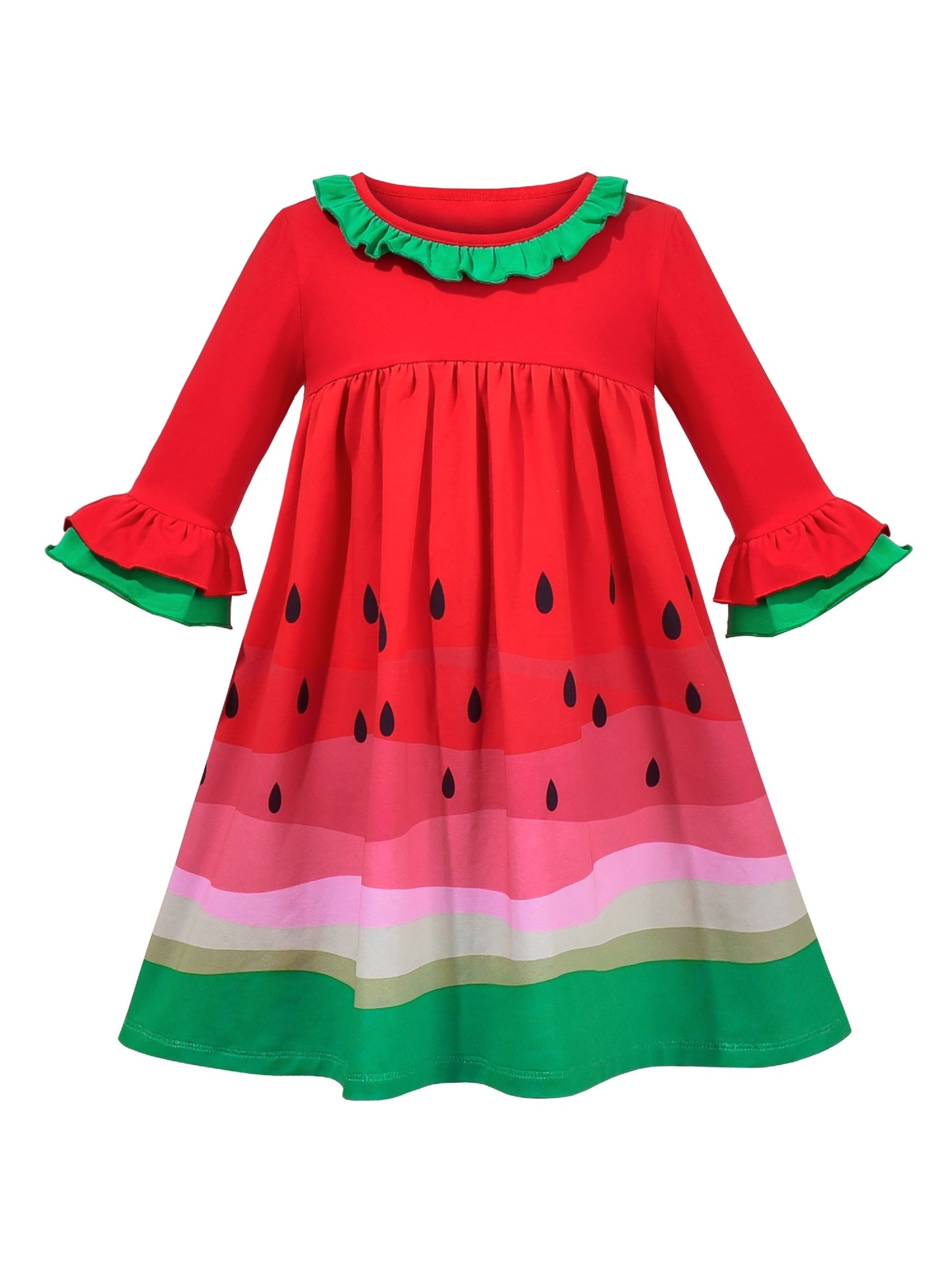 Girls Dress Long Sleeve Cotton Cartoon Sequins Pink Striped Dress Red