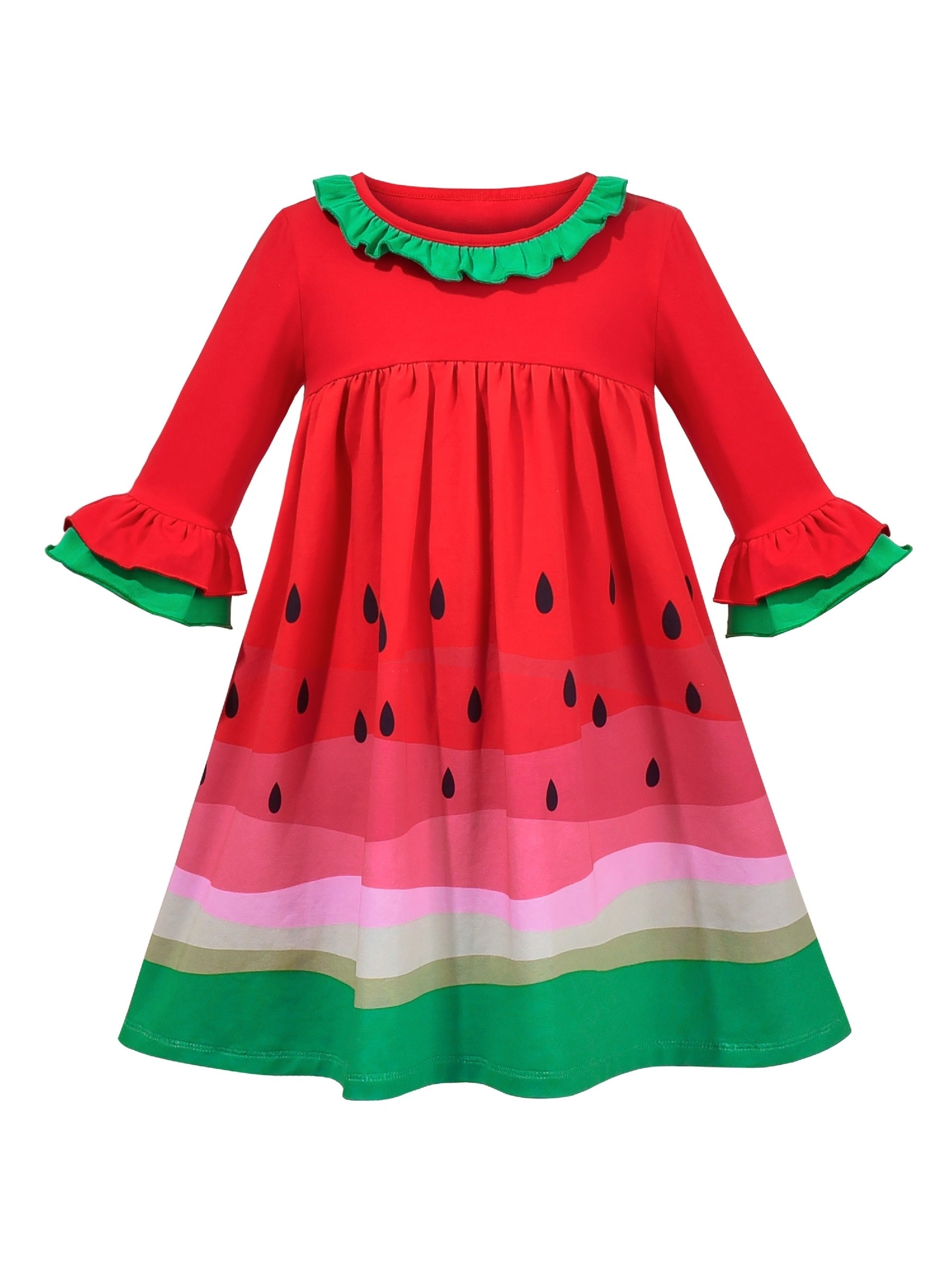 Girls Dress Long Sleeve Cotton Cartoon Sequins Pink Striped Dress Red