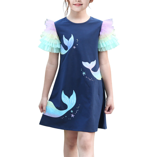 Girls Dress A-line Mermaid Fish Tail Rainbow Ruffle Flare Sleeve Blue