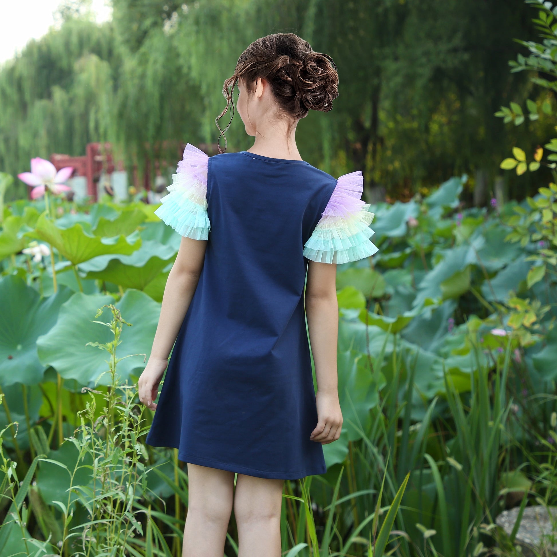 Girls Dress A-line Mermaid Fish Tail Rainbow Ruffle Flare Sleeve Blue