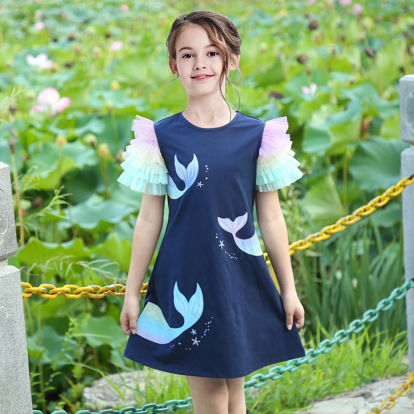 Girls Dress A-line Mermaid Fish Tail Rainbow Ruffle Flare Sleeve Blue