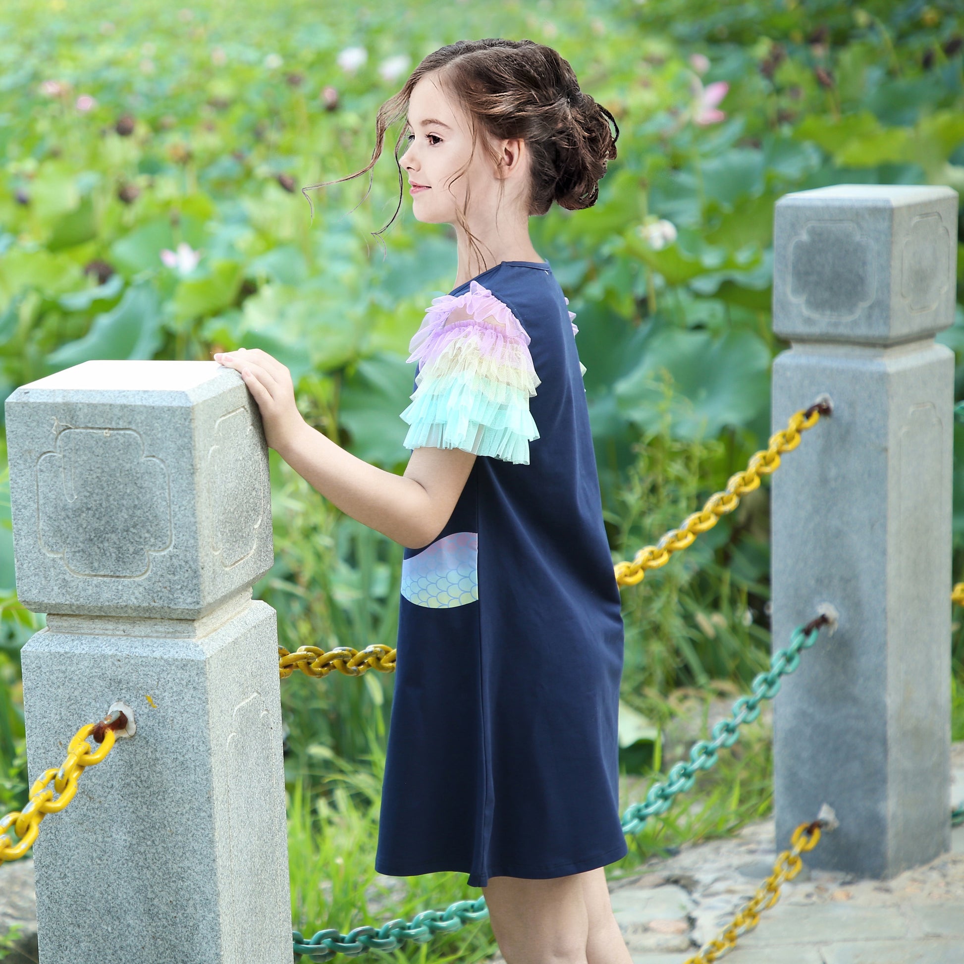 Girls Dress A-line Mermaid Fish Tail Rainbow Ruffle Flare Sleeve Blue