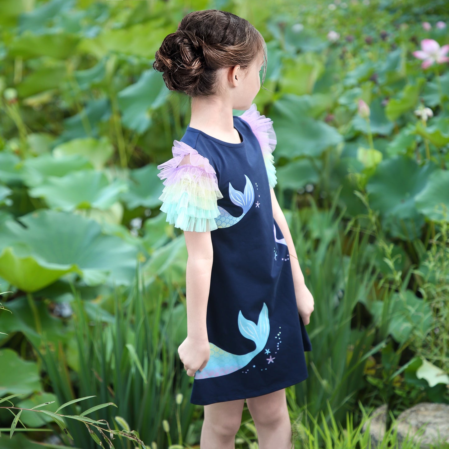Girls Dress A-line Mermaid Fish Tail Rainbow Ruffle Flare Sleeve Blue