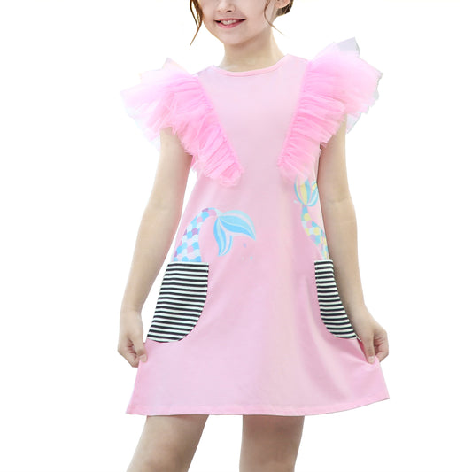 Girls Dress A-line Mermaid Fish Tail Rainbow Ruffle Flare Sleeve Pink