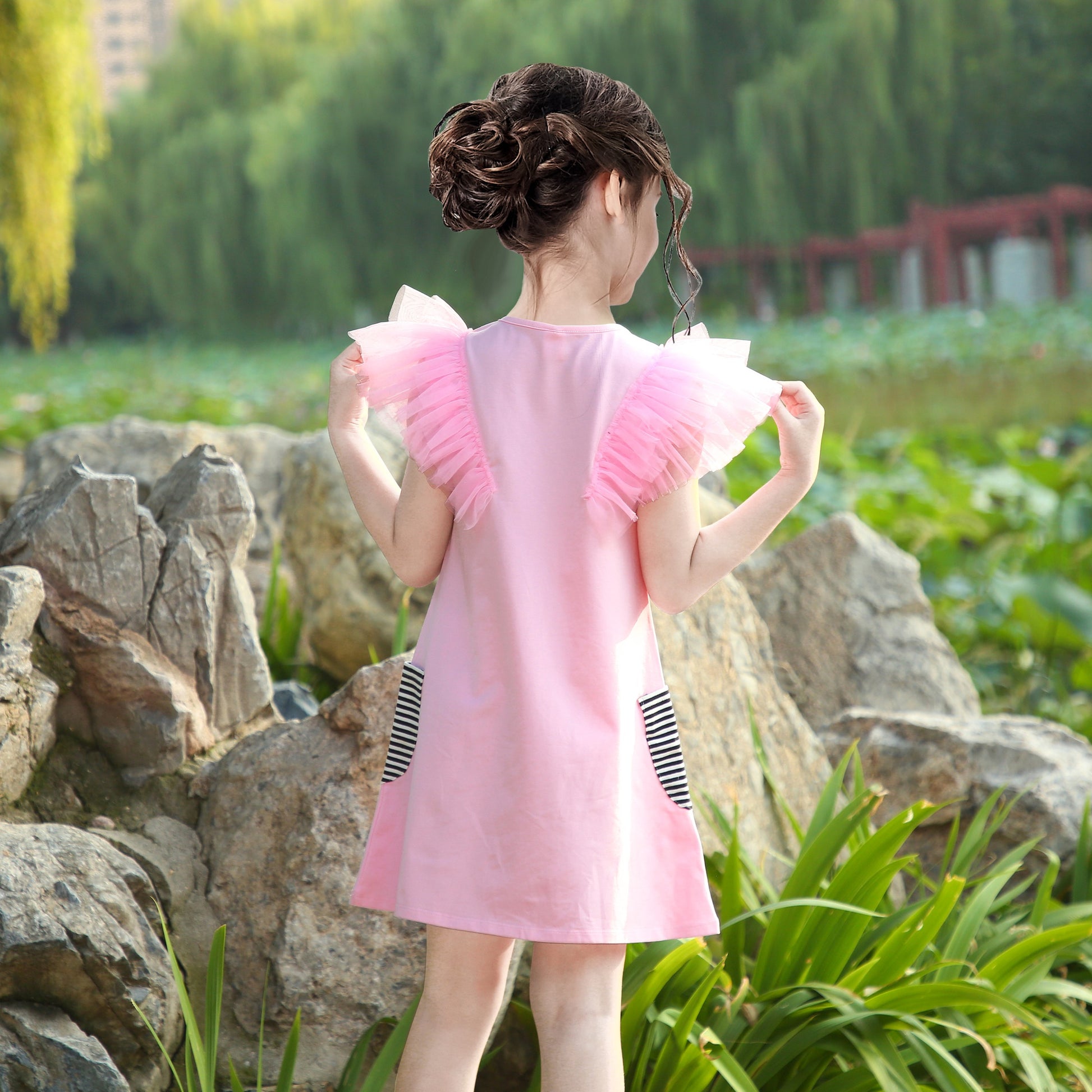 Girls Dress A-line Mermaid Fish Tail Rainbow Ruffle Flare Sleeve Pink