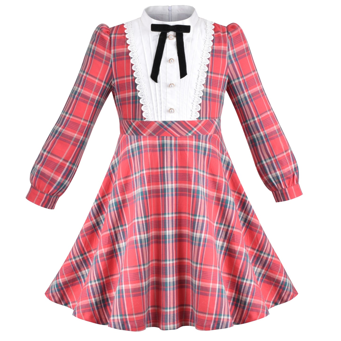 Girls Dress Red Plaid Stand Collar Vintage Pearl Button Long Sleeve Red