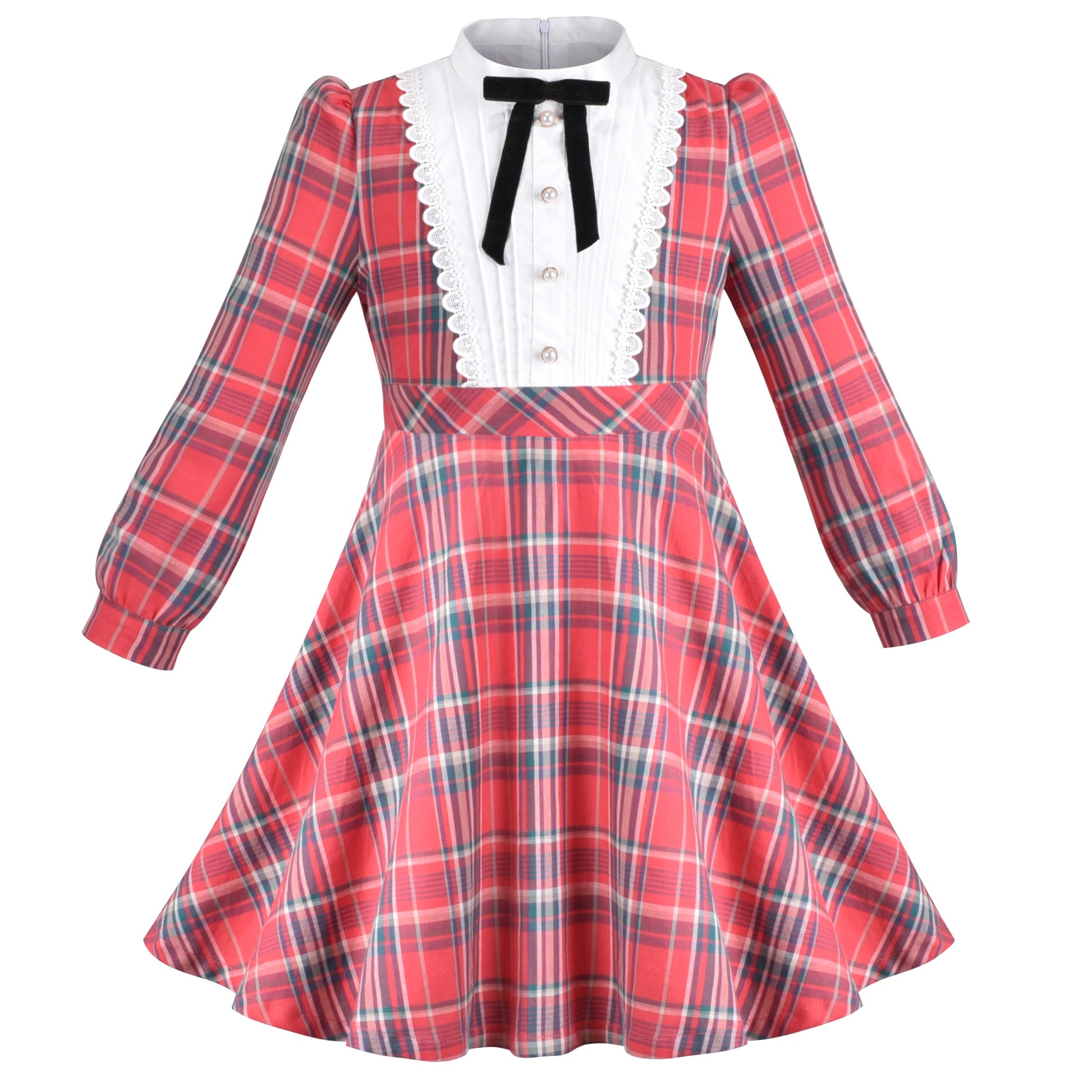 Girls Dress Red Plaid Stand Collar Vintage Pearl Button Long Sleeve Red