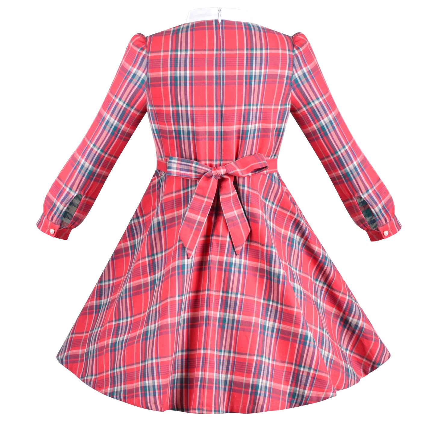 Girls Dress Red Plaid Stand Collar Vintage Pearl Button Long Sleeve Red