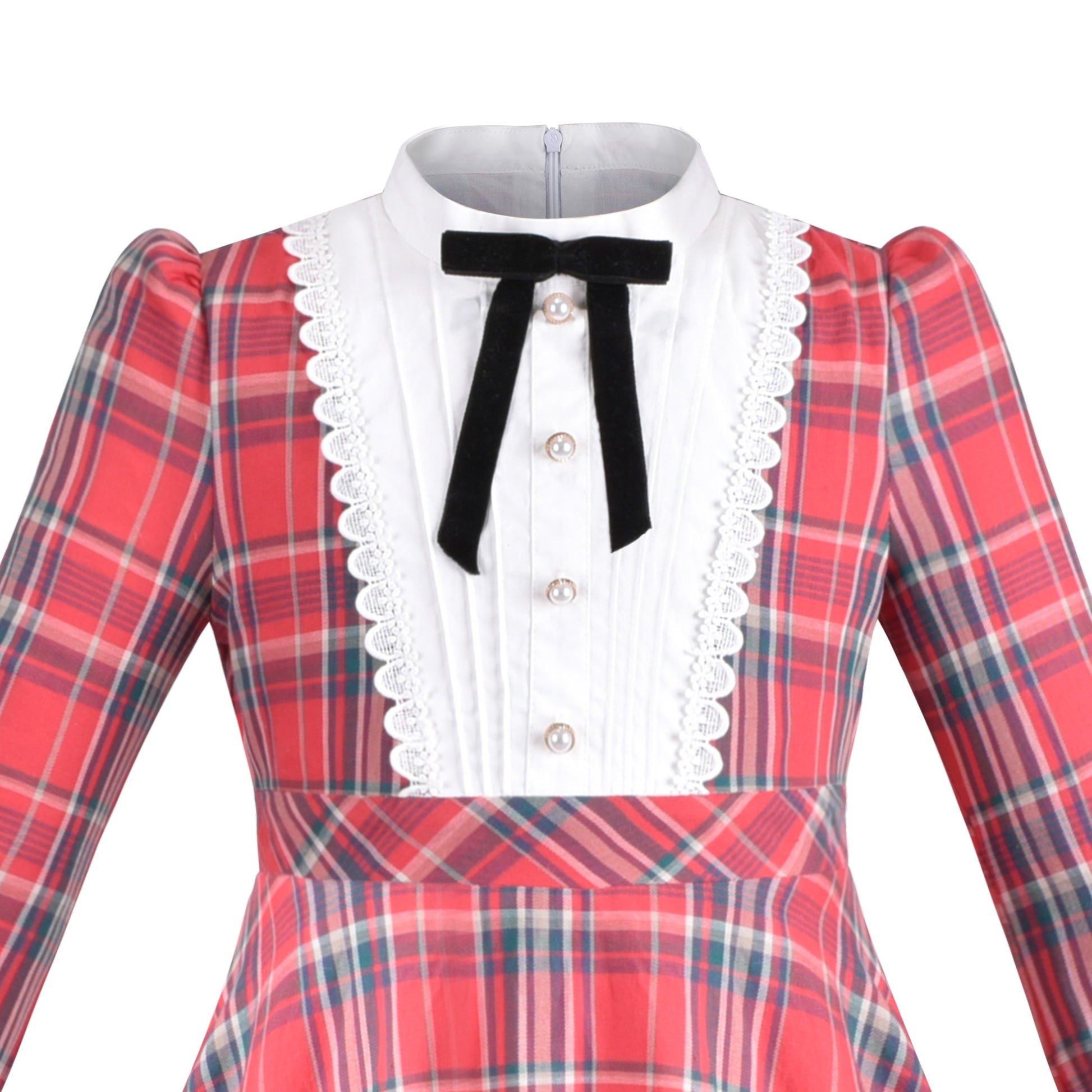 Girls Dress Red Plaid Stand Collar Vintage Pearl Button Long Sleeve Red