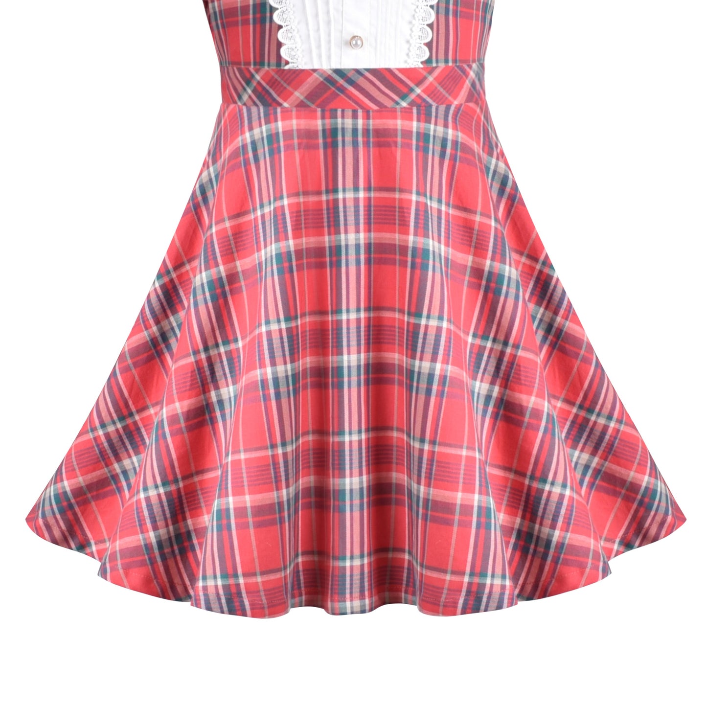 Girls Dress Red Plaid Stand Collar Vintage Pearl Button Long Sleeve Red
