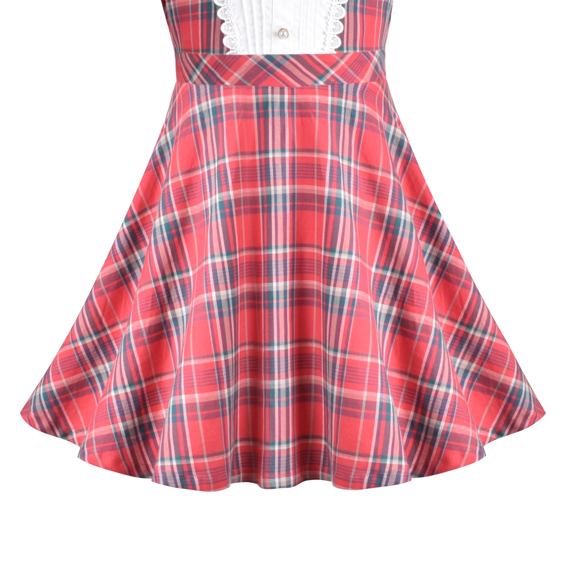 Girls Dress Red Plaid Stand Collar Vintage Pearl Button Long Sleeve Red