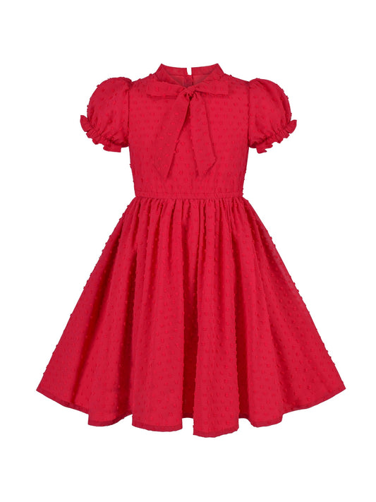 Girls Dress Red Chiffon Swiss Dot Stand Collar Ruffle Puff Short Sleeve Red