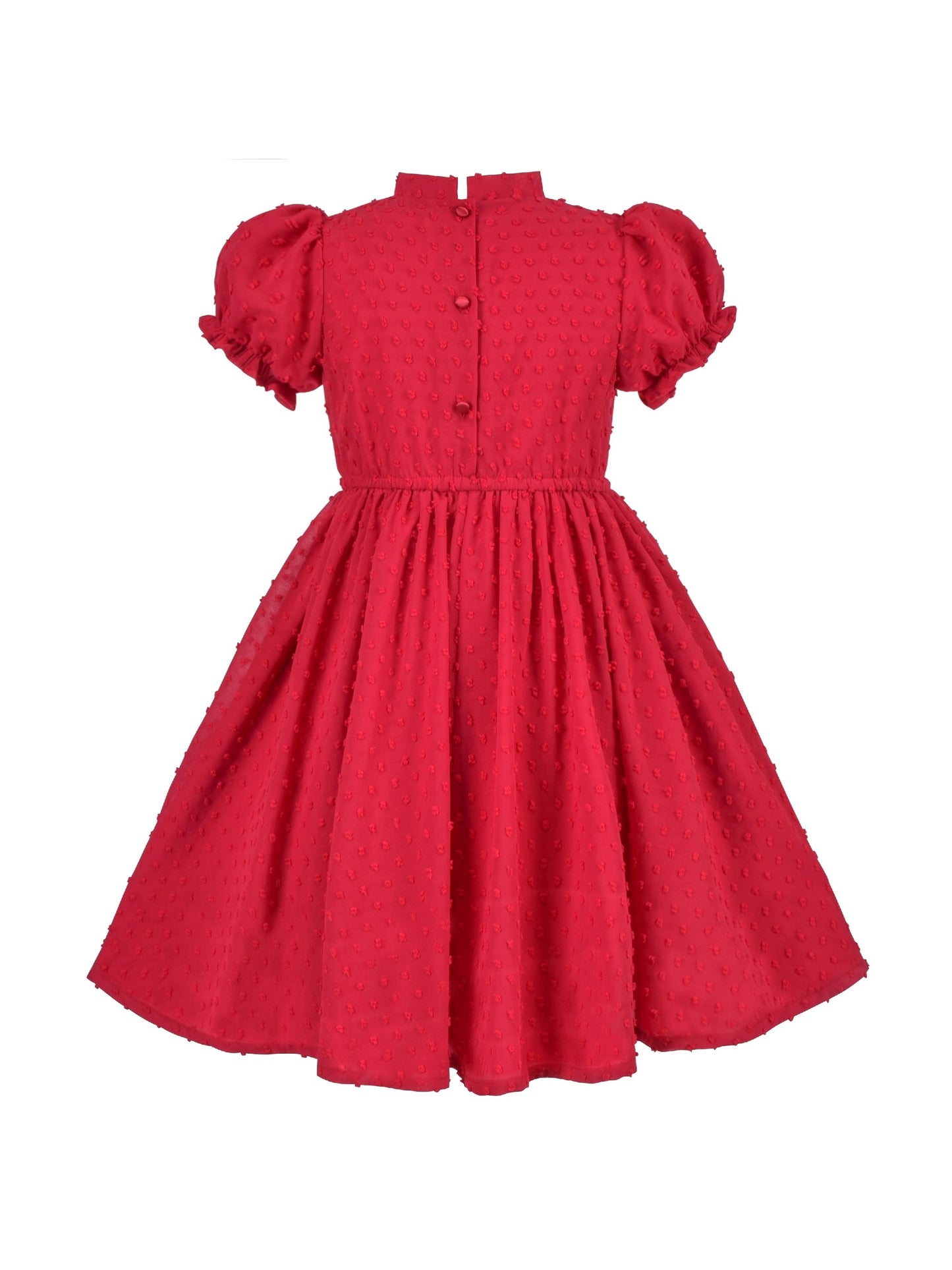 Girls Dress Red Chiffon Swiss Dot Stand Collar Ruffle Puff Short Sleeve Red